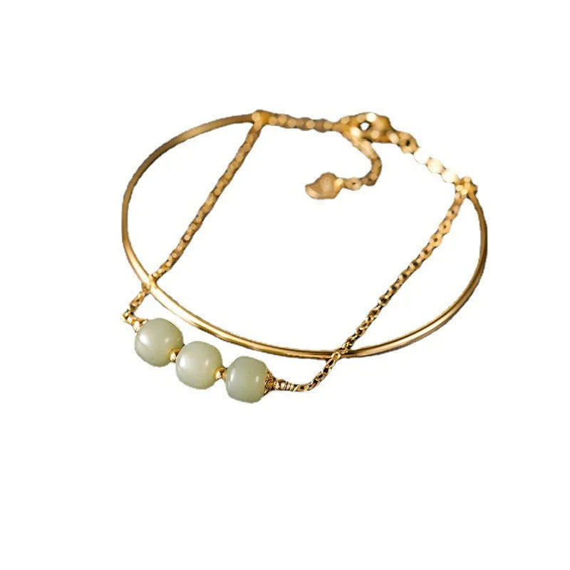 Jade lucky beads bracelet with gold inlay treatment in women's faux two-piece style