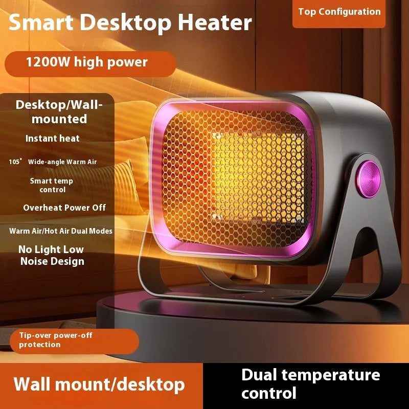 Compact white desktop ceramic heater with rotating base and control buttons on a wooden desk.