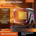 Compact white desktop ceramic heater with rotating base and control buttons on a wooden desk.