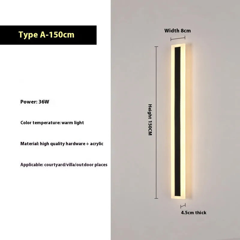 150cm long straight outdoor LED wall lamp with black wrought iron shell and warm white light.