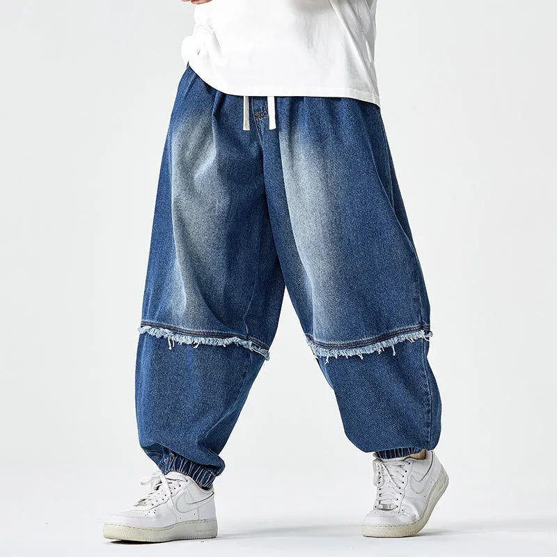 Large size Japanese Hong Kong style retro loose harem bloomers in cotton denim, low waist drawstring, black colour