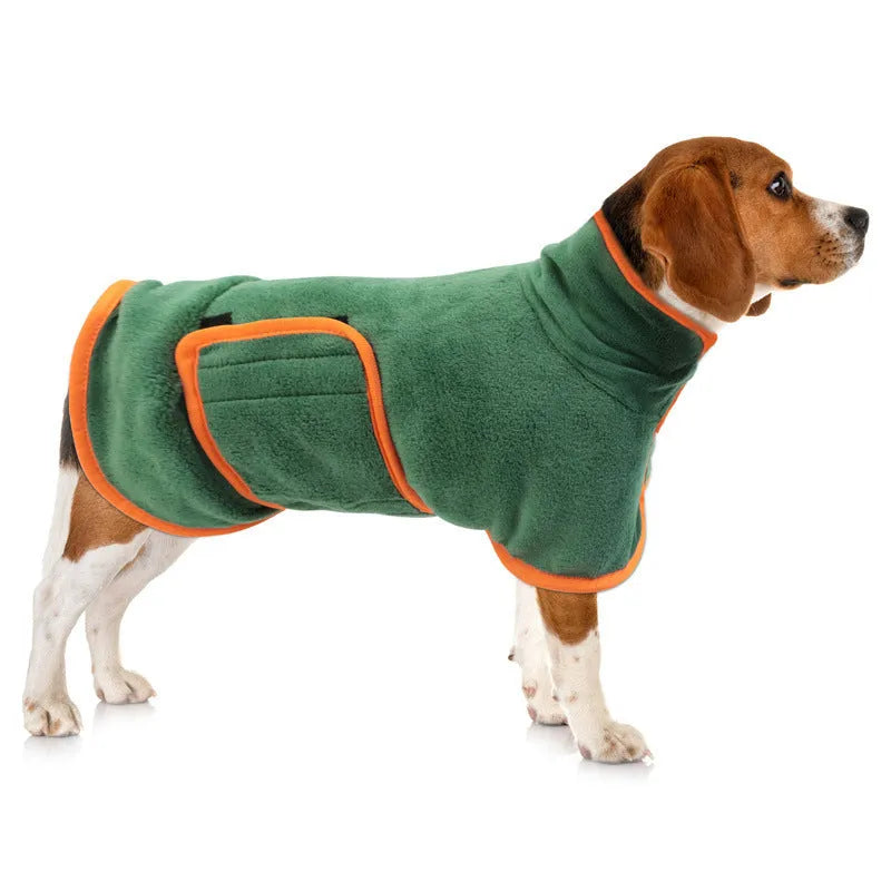 Microfiber dog bathrobe in green with size M measurements for canine drying after bath