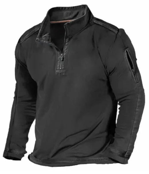 Men's grey zip-up sweater with a stand collar and long sleeves on a hanger.