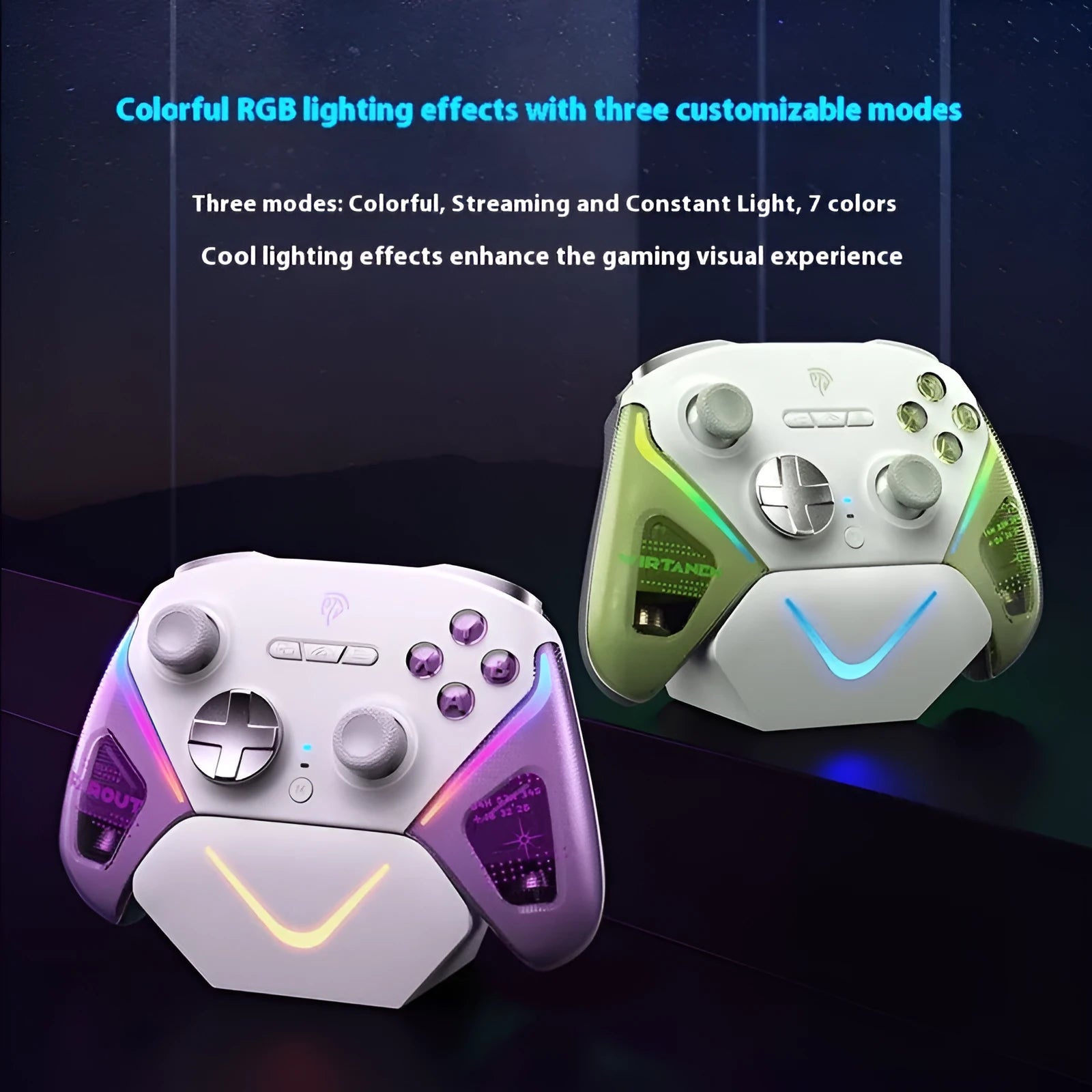 Rocker video game controller with charging dock in black, green, or purple, showing double-cut triggers and Type-C port.