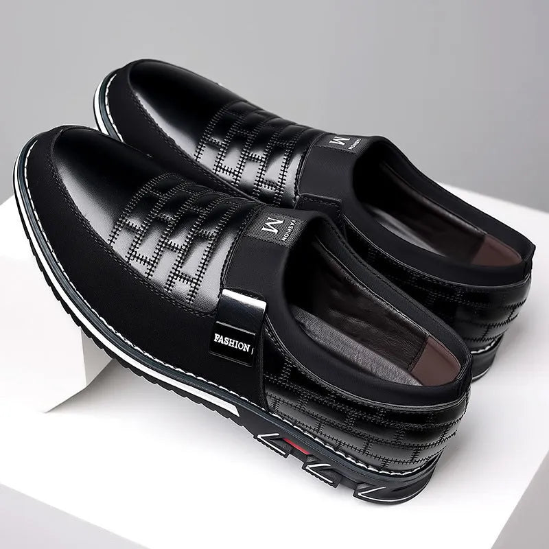Men's slip-on plus size casual leather shoes black round toe artificial PU rubber sole