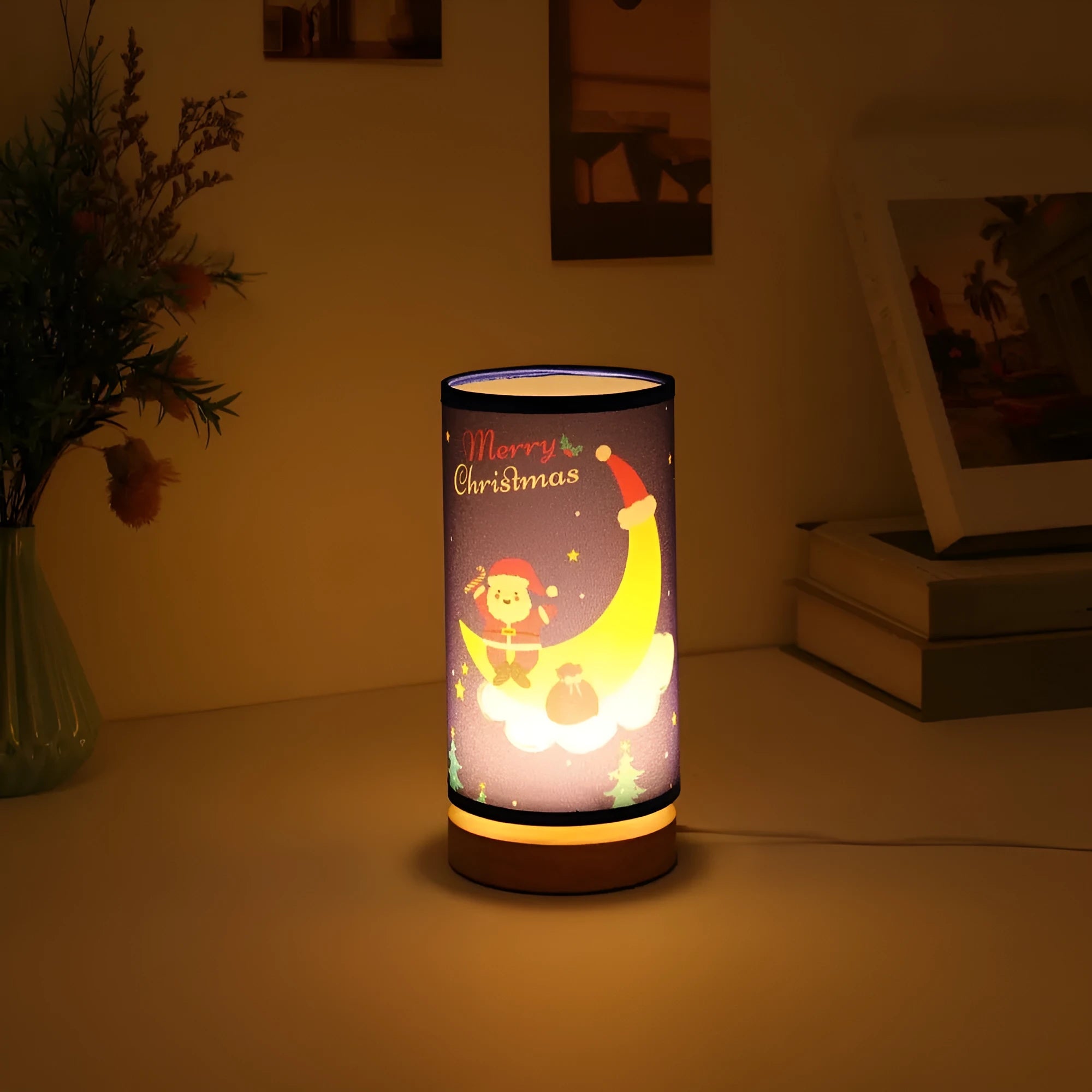 European-style Santa Claus LED night light with USB plug and bamboo base.