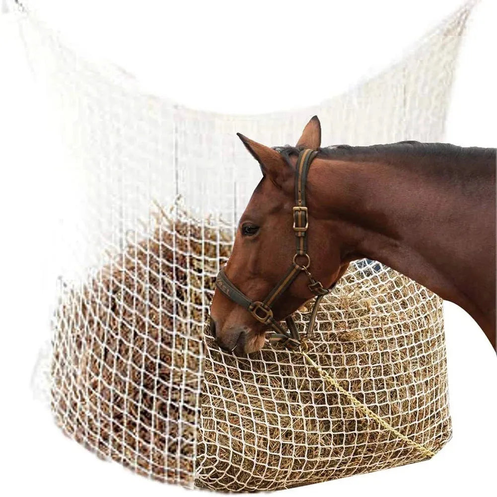 Woven PE rope horse hanging feeding bag in black or white for cattle and sheep