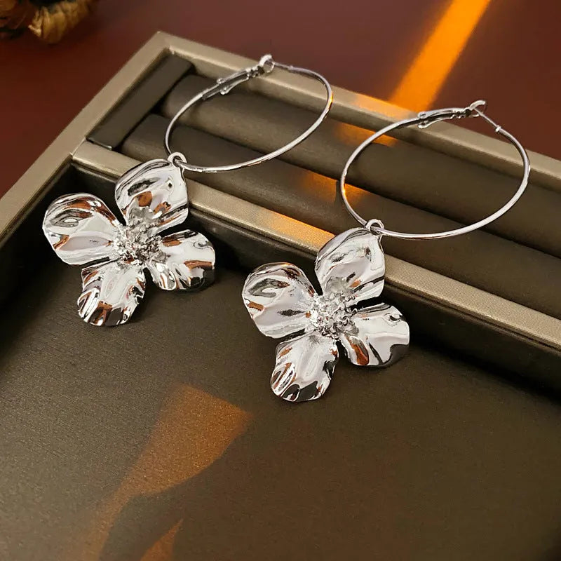 Silver needle metal flower earrings with geometry design in gold or silver electroplated finish