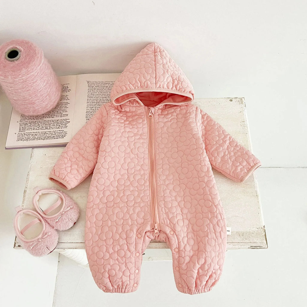 Baby cotton quilted romper with hood in beige, long sleeves, zip-up front