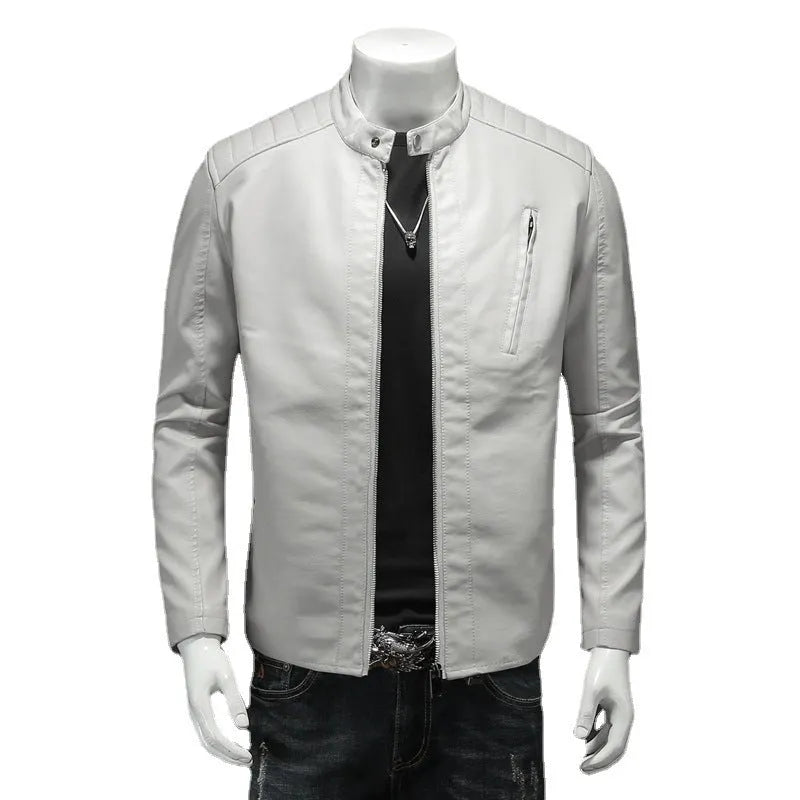 Fall plus size PU leather jacket with stand collar for men, available in black or white, featuring zipper pockets