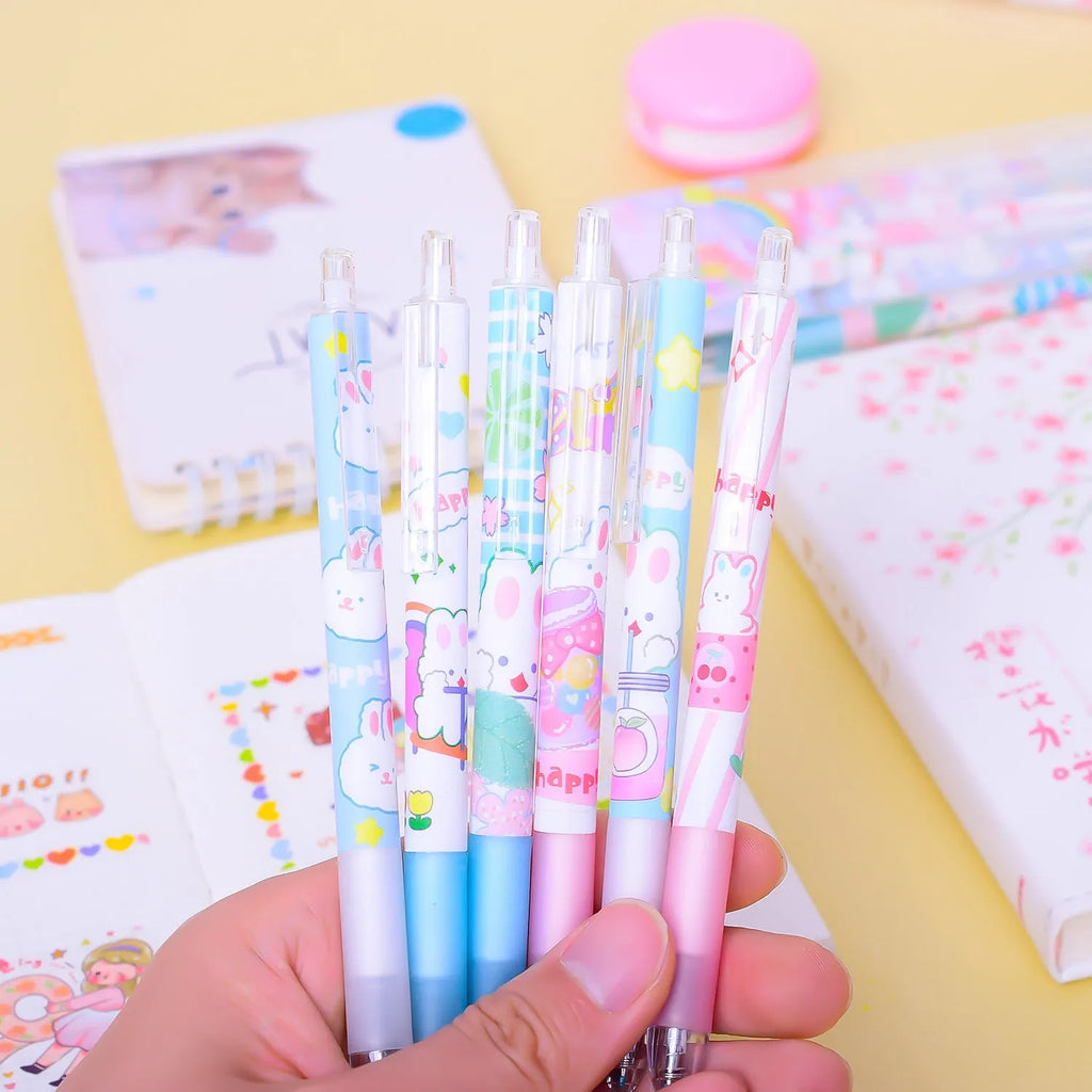 Six black gel pens with cartoon bunny designs, showing 0.5mm tips, arranged in a set.