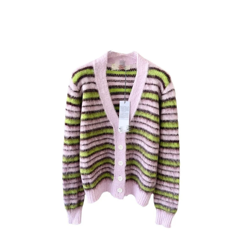 Pink wool knitted women's cardigan showing both round-neck pullover and open cardigan styles