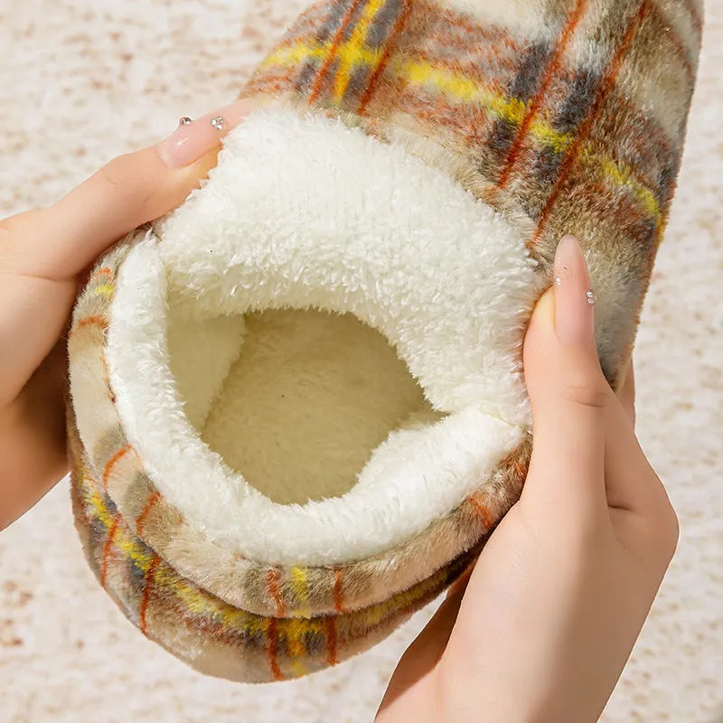 Indoor home slippers with non-slip PVC sole and plush upper in yellow, green, purple, gray, coffee colours, round toe, shoe-cover style