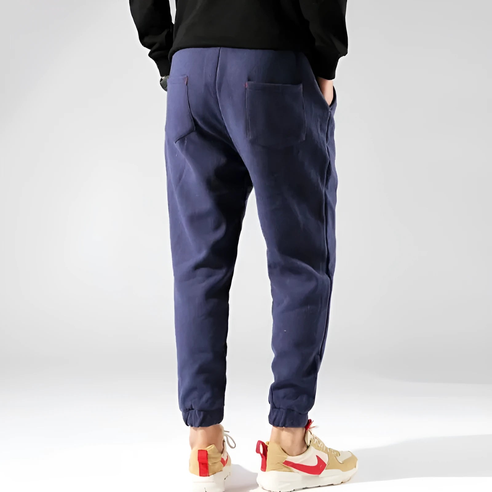 Irukite men's high waist loose winter trousers in black with belt and zip fly, plus velvet lined