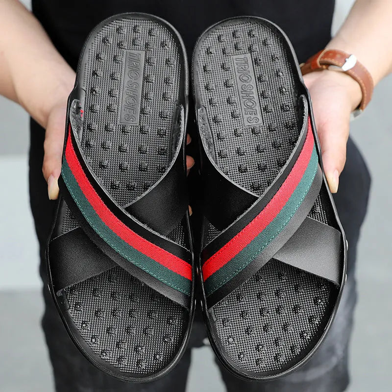 Men's cowhide leather beach sandals with non-slip PU soles in white, blue, and black colours