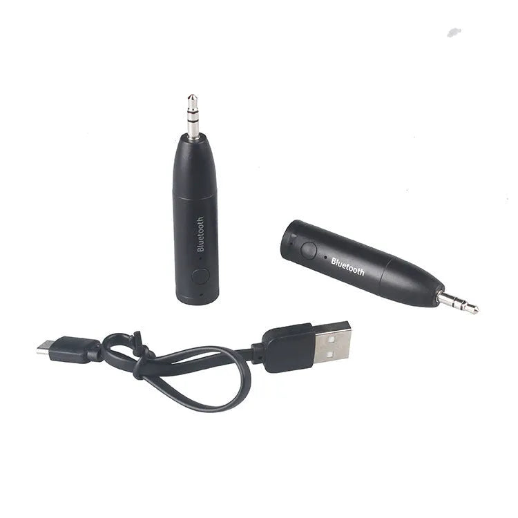 Black Bluetooth AUX receiver for car and home stereos with 70mm compact design