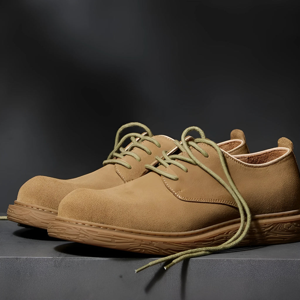American retro outdoor waterproof cowhide derby work shoes for men in light brown, lace-up style