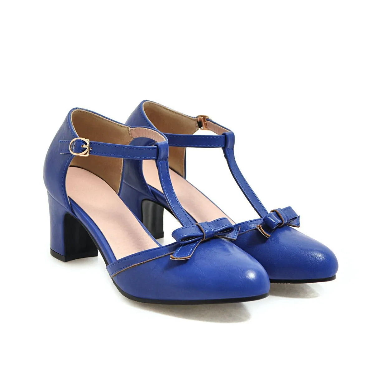 Women's chunky heel sandals with hollow-out design and decorative bow in solid colour with buckle strap