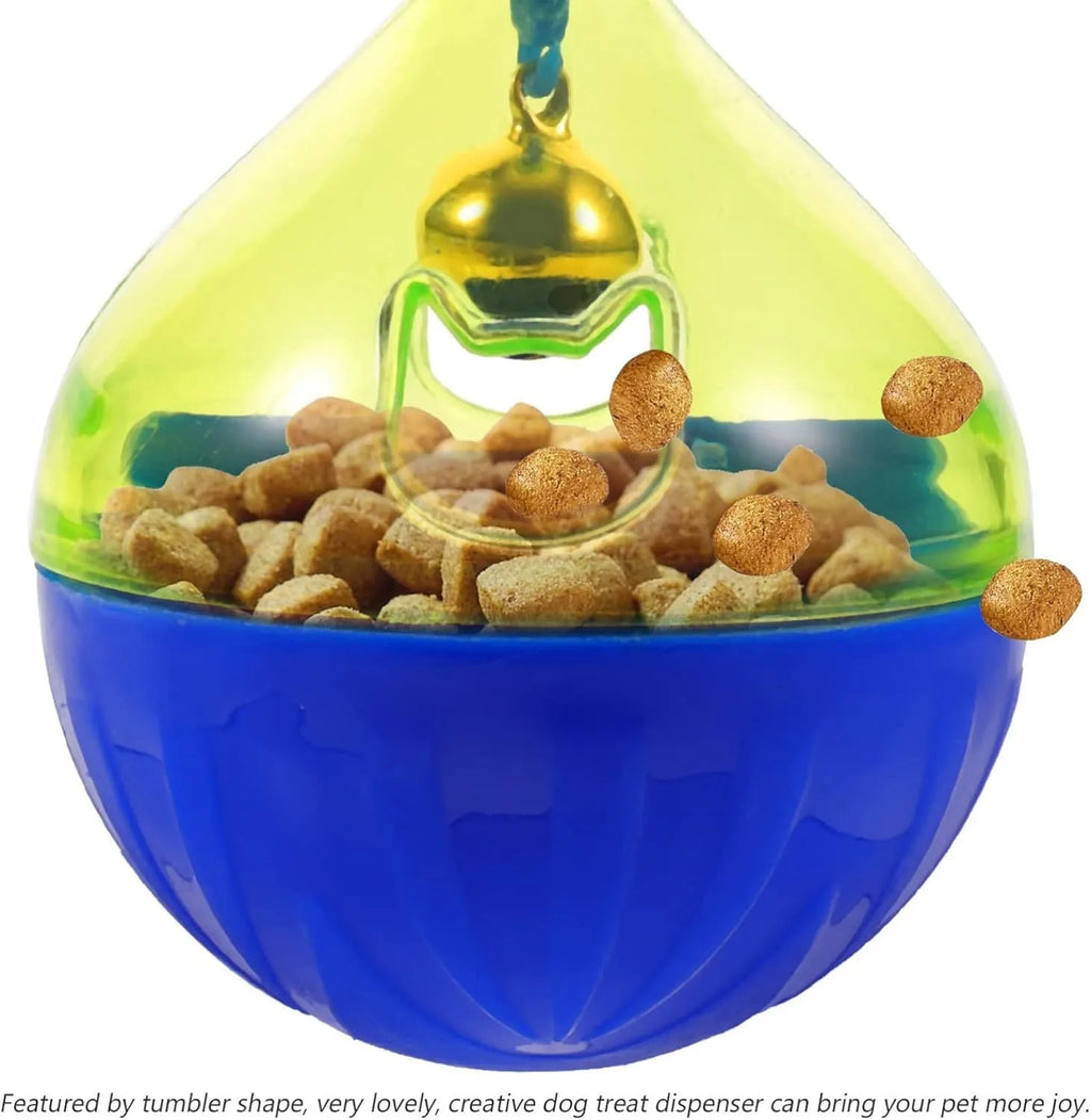Blue and white tumbler-shaped interactive dog and cat treat dispenser puzzle toy