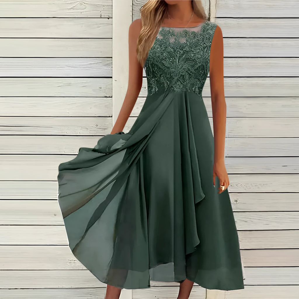 Women's sleeveless lace chiffon dress in green, purple, or blue with hollow-out stitching.