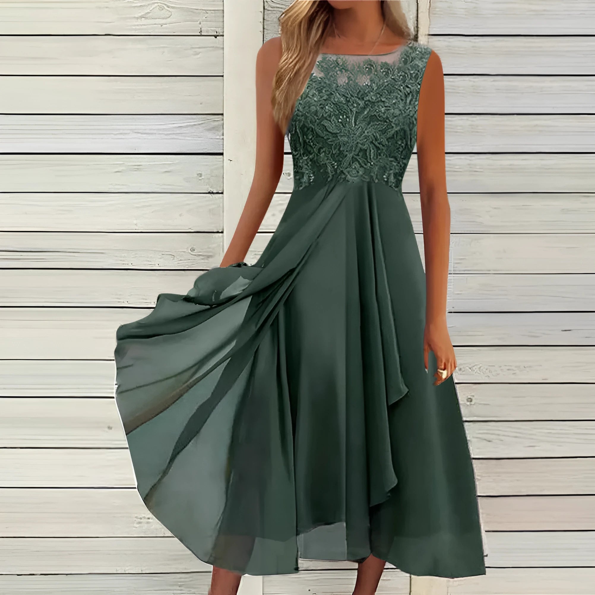 Women's sleeveless lace chiffon dress in green, purple, or blue with hollow-out stitching.
