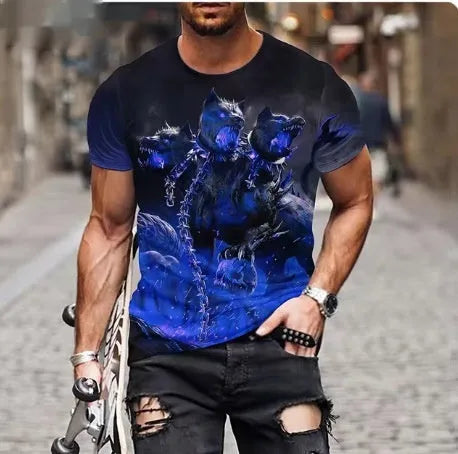 Men's black T-shirt with a large, fierce 3D lion head print on the front