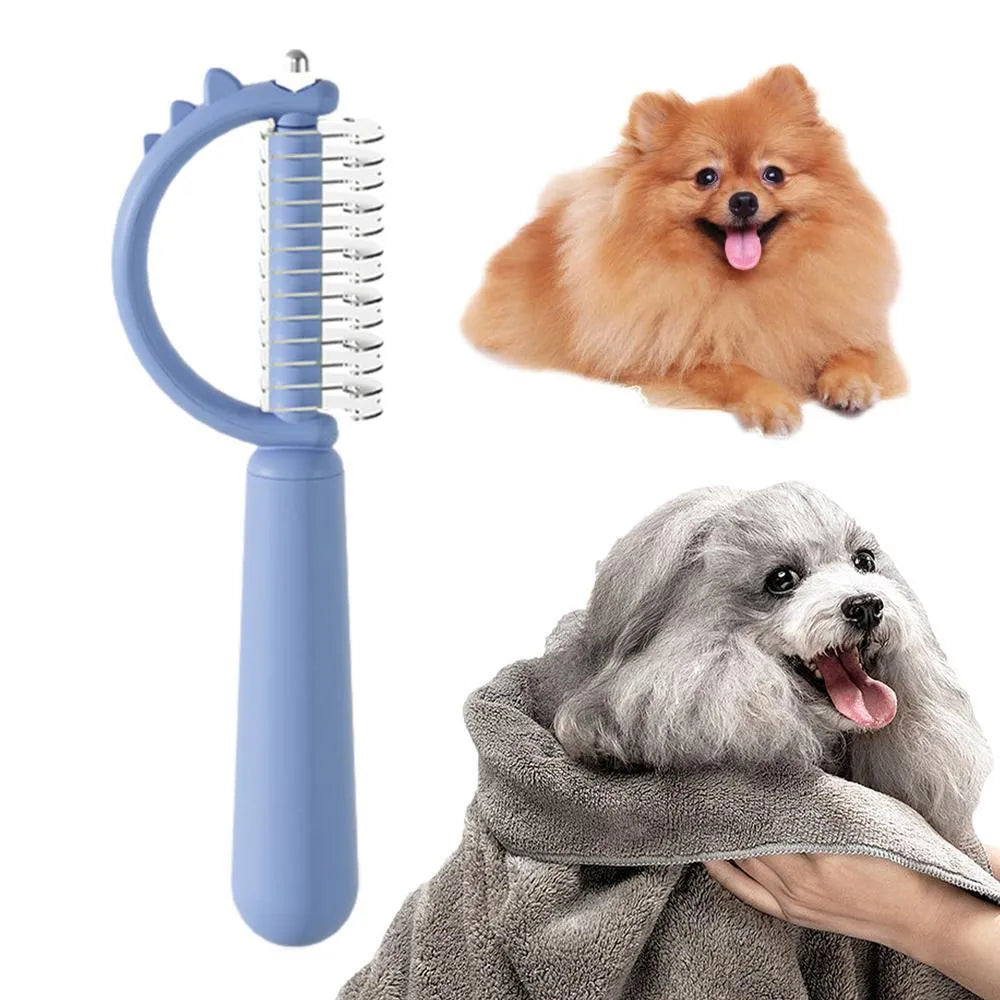 Blue dinosaur-shaped cat brush with self-cleaning feature and double-sided grooming heads