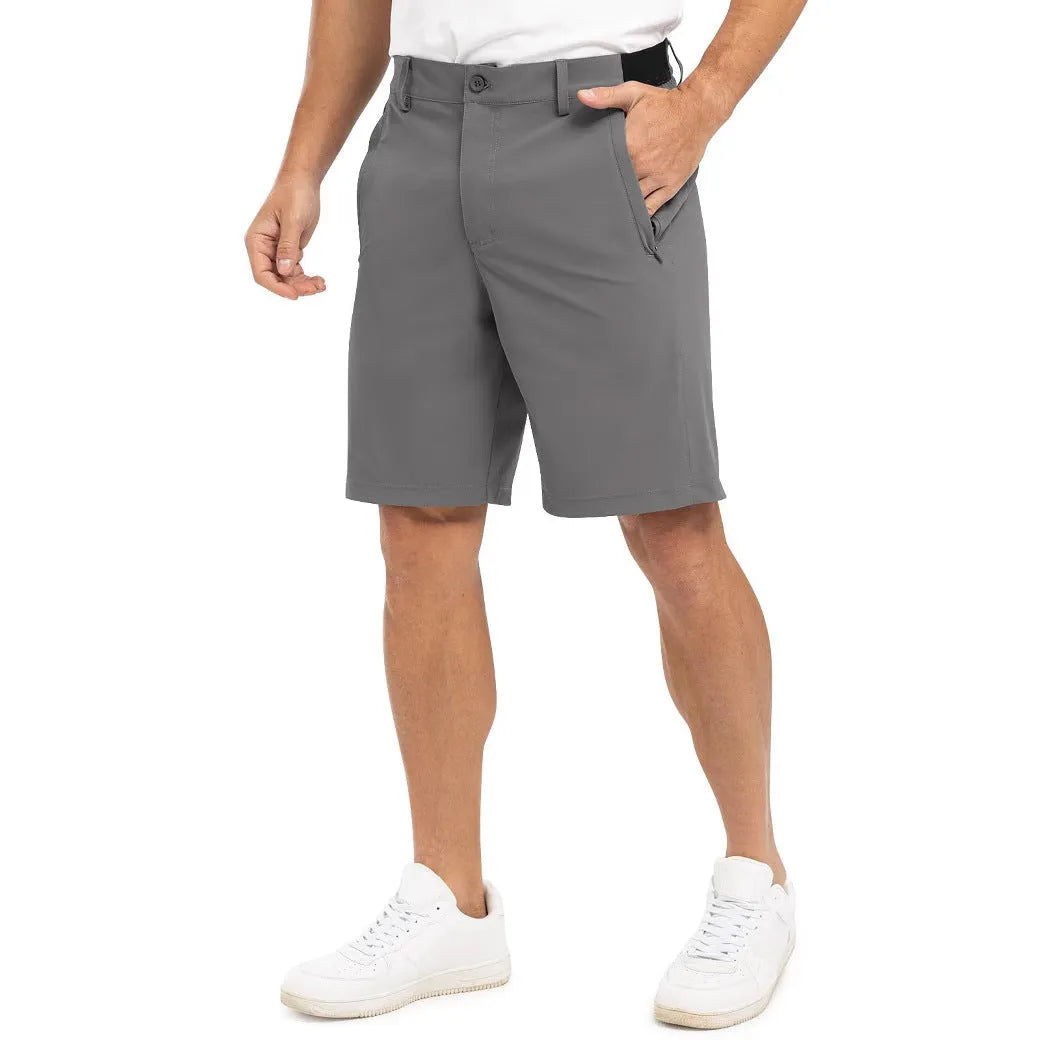 Men's casual loose cotton sports golf shorts in khaki colour, shown flat lay