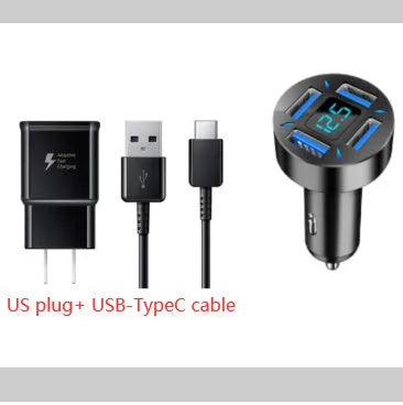 Black four-port USB car charger with LED digital display showing charging status
