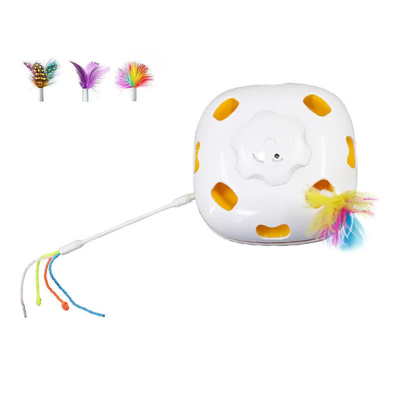 Automatic cat toy with plastic construction measuring 19.8cm featuring motion, sound and LED activation