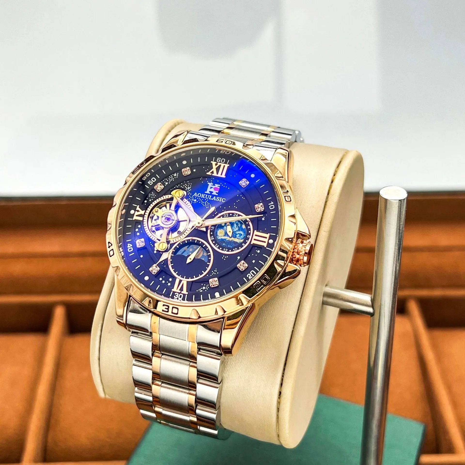 Men's automatic mechanical watch with rose gold shell, black dial, and large 50mm display