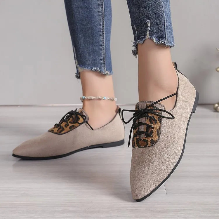 Beige leopard print women's plus size pumps with pointed toe design showing sizes 36-43