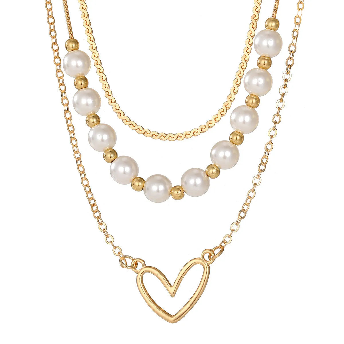 Vintage gold heart pendant necklace with pearl chain detailing showing adjustable length feature