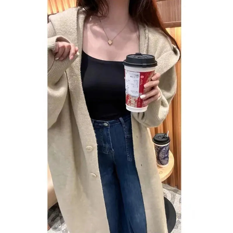 Korean style women's hooded long cardigan in below-the-knee length, loose fit