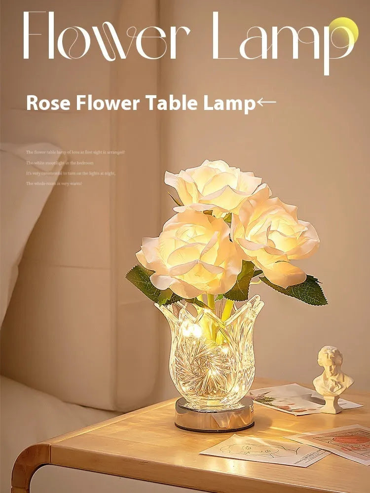 Modern crystal flower design bedside lamp with touch dimming control on a wooden table.