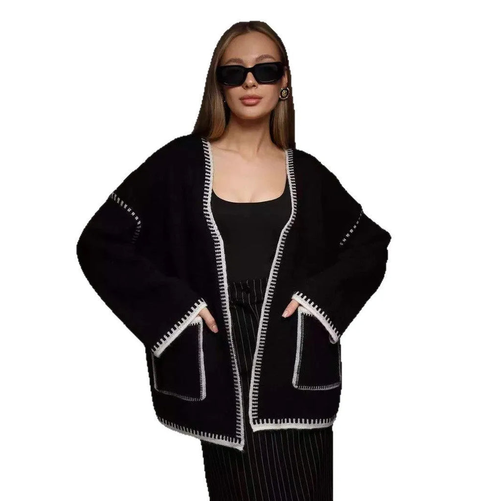 Loose mid-length lace-up knitted cardigan in black, white, or camel colour with thick imitation cashmere fabric