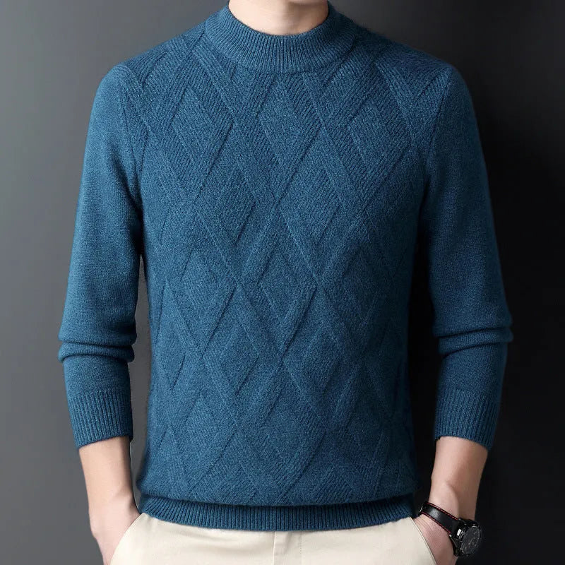 Men's diamond jacquard wool blend winter sweater in light camel colour on a hanger