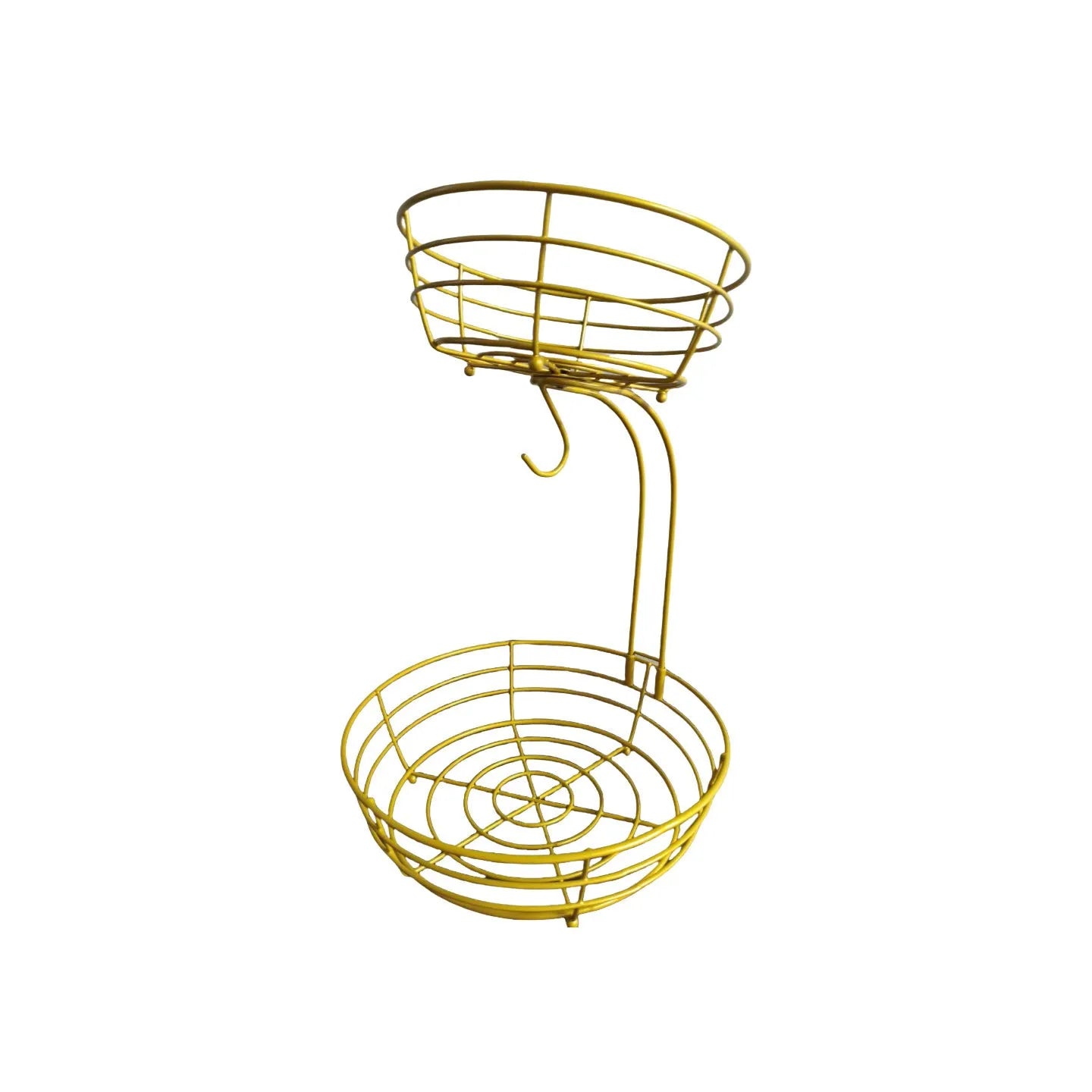 Black wrought iron double-layer fruit basket with open-weave sides for produce storage