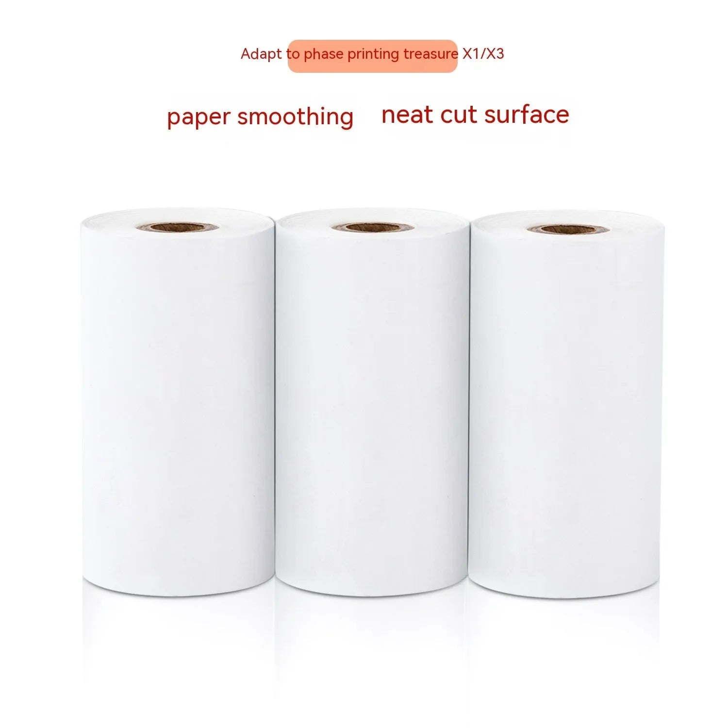 Three rolls of white 57mm wide thermal paper with a 30mm diameter, packaged together in a box.