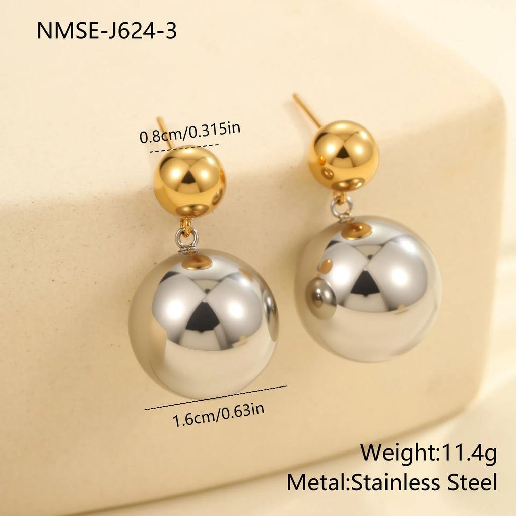 Stainless steel ear studs with round beads and colour-block design