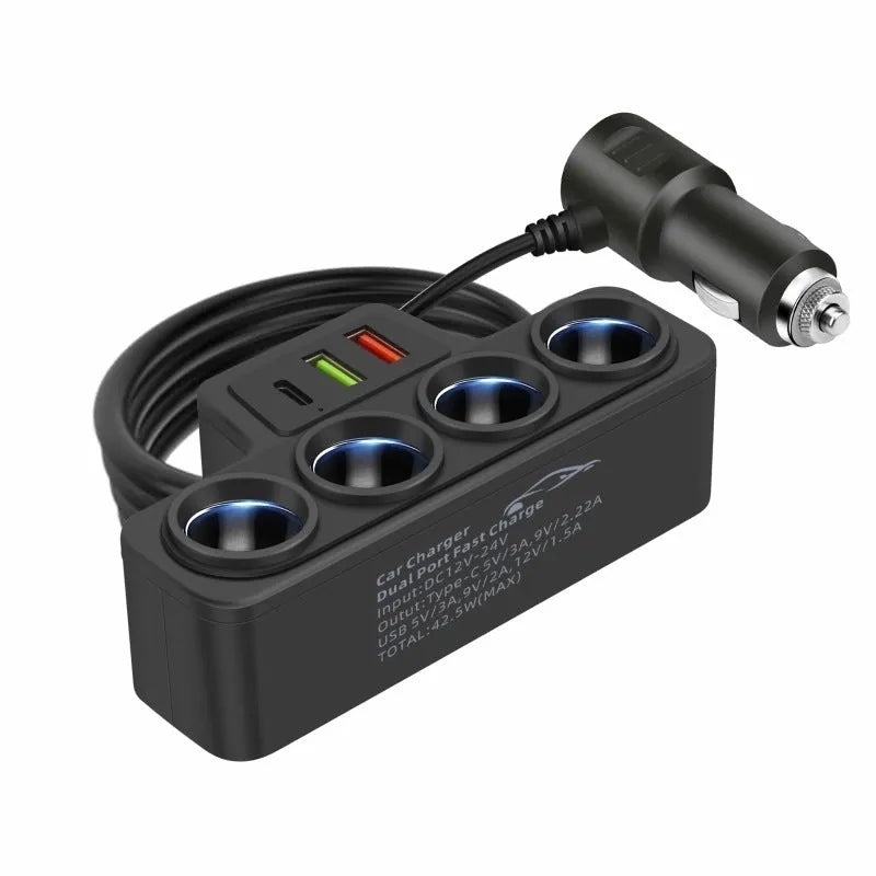 Car-mounted multi-function fast charging universal cigarette lighter with dual USB ports QC and PD support, 120W output
