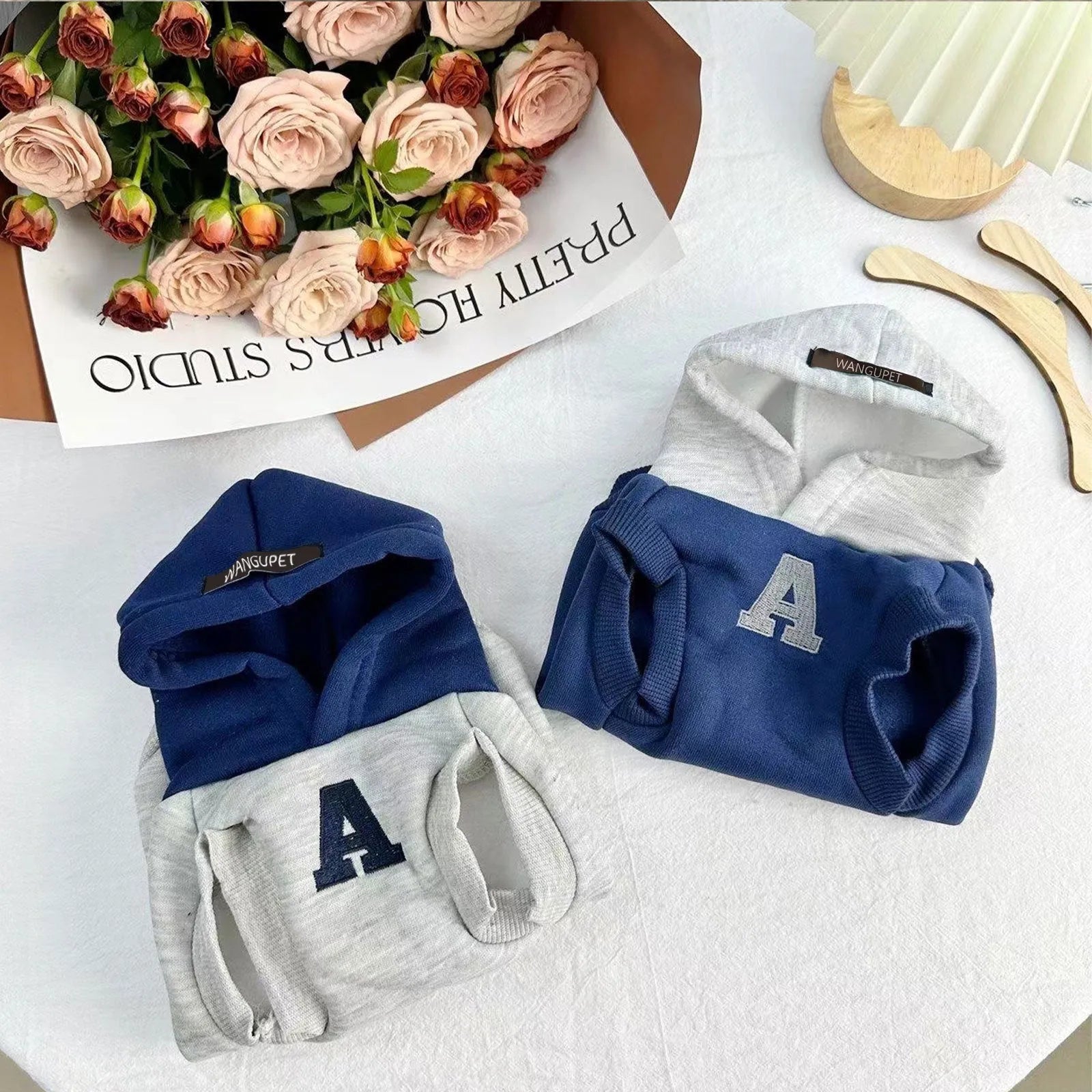 Blue and grey white pet hoodie with reflective letters for cats and dogs in slim-fitting design