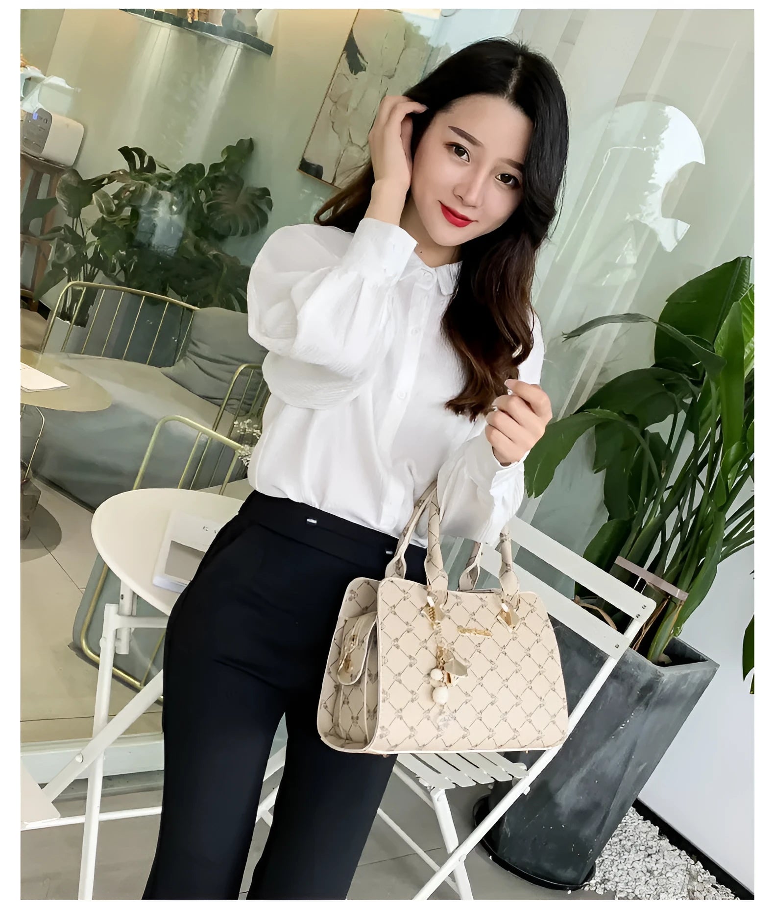 Women's geometric pattern print messenger bag in PU leather with zipper closure and internal organisers.