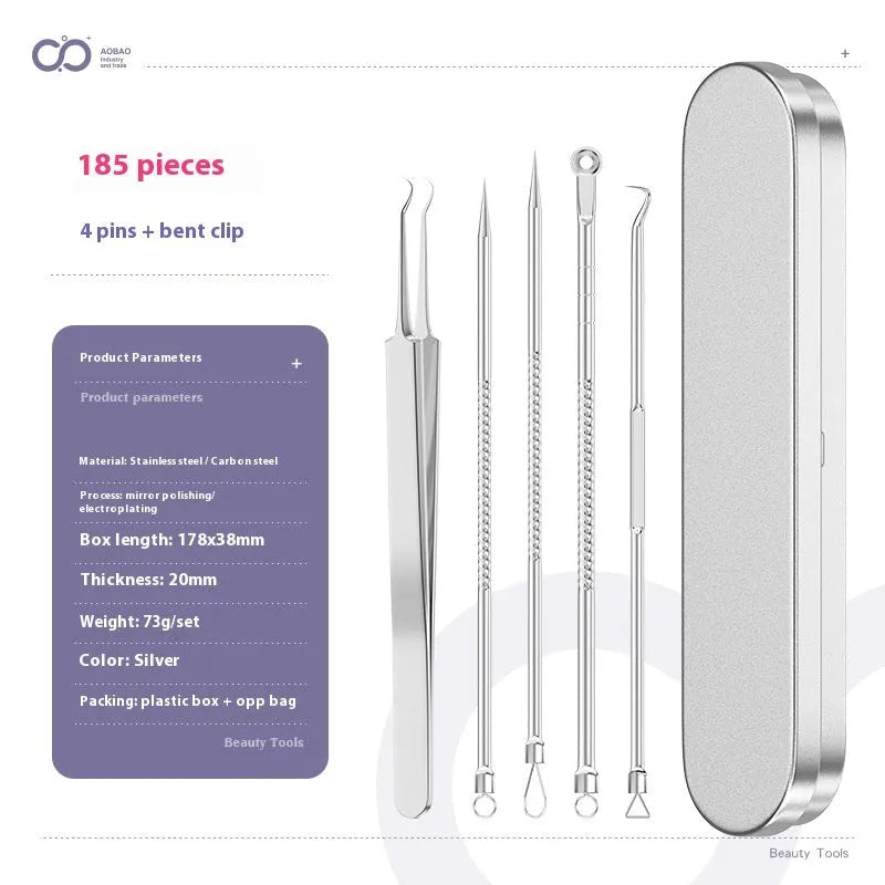 Four-piece silver metal acne needle set with fine-pointed needles and a clip for skin blemish removal.