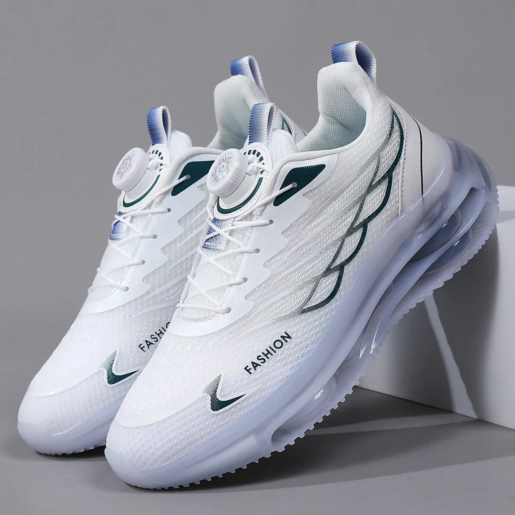 White Korean-style men's casual running shoes with mesh upper and rubber sole on size 39-45 display