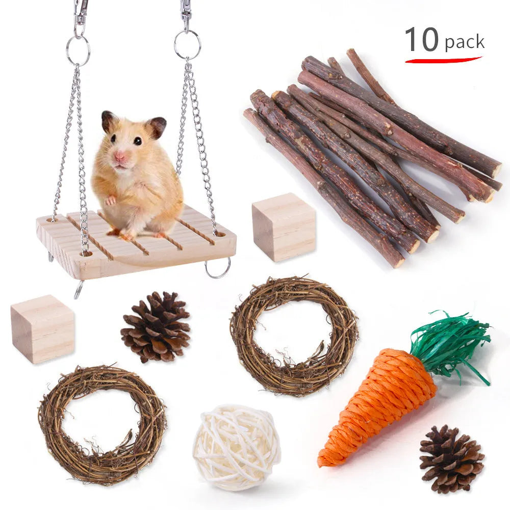 Wooden pet toy set with molar stick, straw mattress and woven balls for rabbits, guinea pigs and parrots