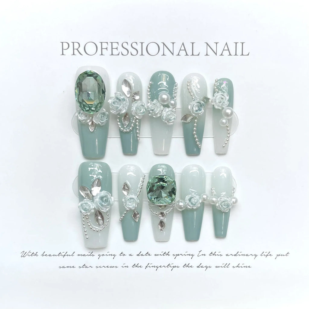 Women's gradient camellia chain nail armour set with bow and butterfly decorations in armour green colour
