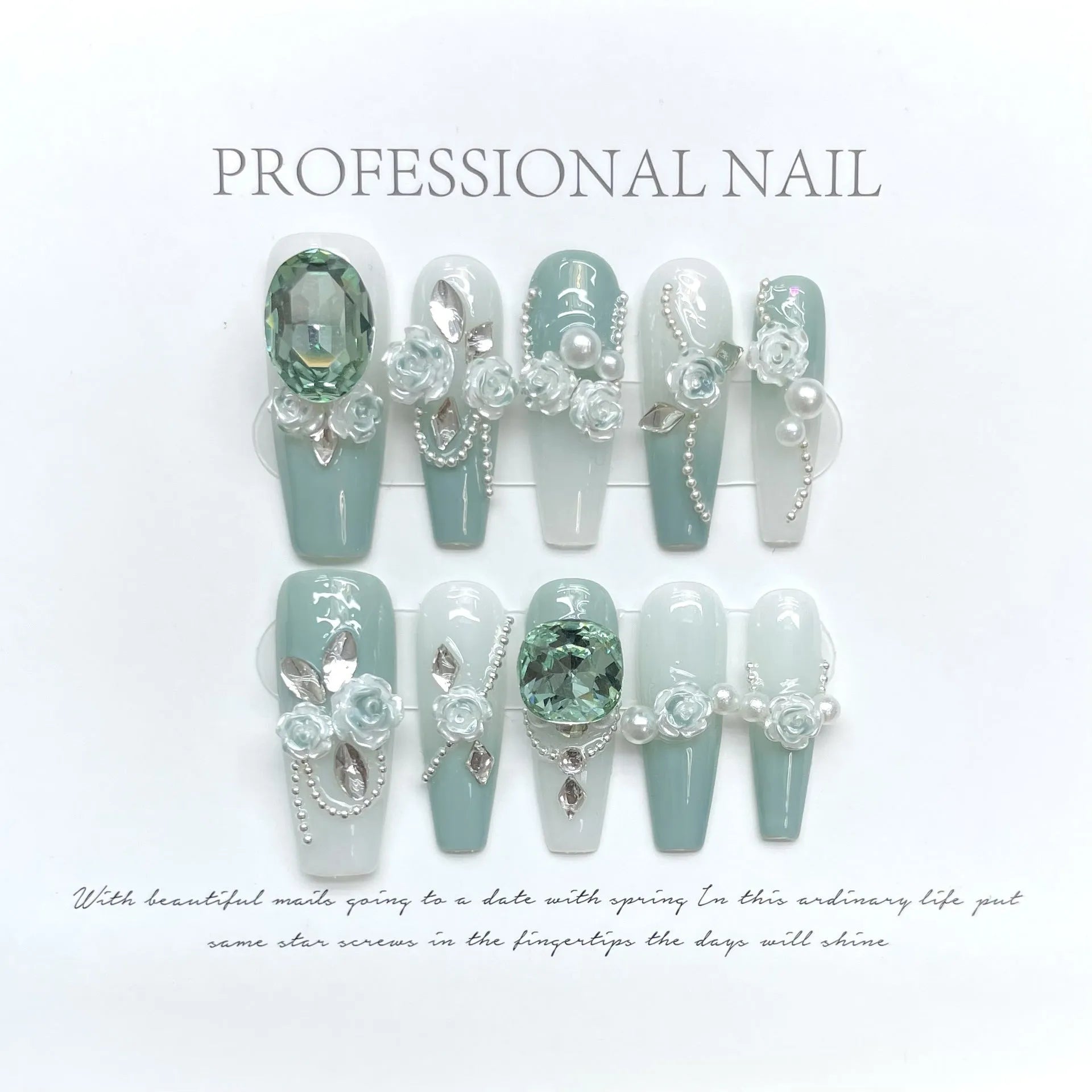 Women's gradient camellia chain nail armour set with bow and butterfly decorations in armour green colour