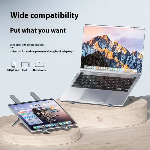 Silver aluminium laptop cooling stand with twin fans and adjustable height mechanism, folded beside notebook computer