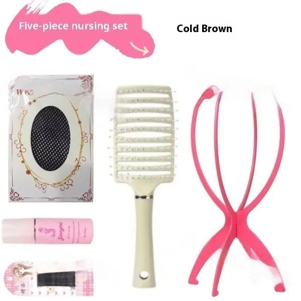 Natural black full-head forehead lace wig with straight mid-length hair displayed with comb, clip, bracket, and bottle.